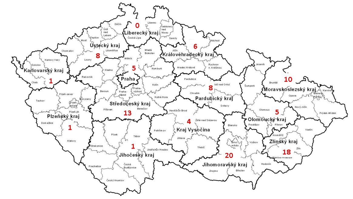 Počty mikrojeslí v jednotlivých krajích podpořených z výzvy č. 69 – celkem 100 zařízení